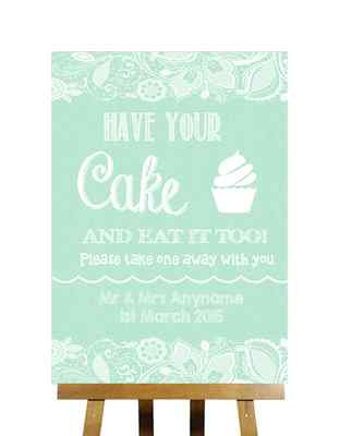 Personalisiertes Hochzeitsschild grün Sackleinen & Spitze Effekt Kuchen Cupcake Süßigkeiten Buffet