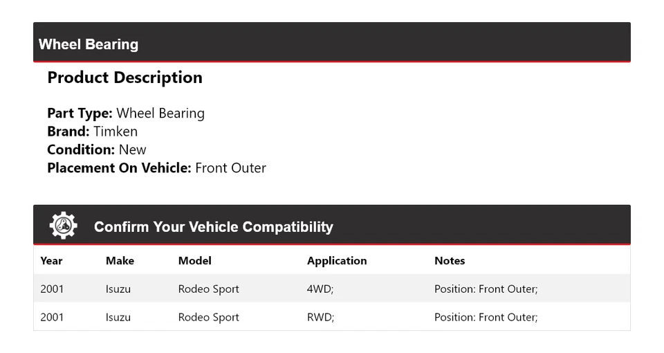 Cojinete de rueda delantero exterior Timken para Isuzu Rodeo Sport 2001 Foto 2 de 4