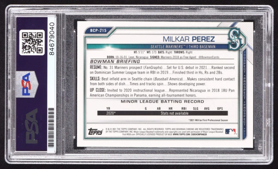 Milkar Perez Signed 2021 Bowman Chrome Mega Box Prospects Refractors #BCP215 RC - Image 2 of 2