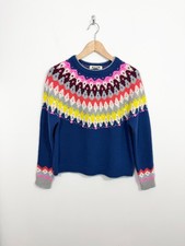 Boden Eleanor Fair Isle Chunky Knit Jumper Size S Sapphire Blue Pink Pom Poms