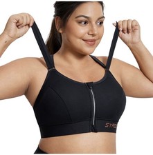 Nwt SYROKAN Black Sports Bra 38DD Front Adjustable Strap High Impact Wireless
