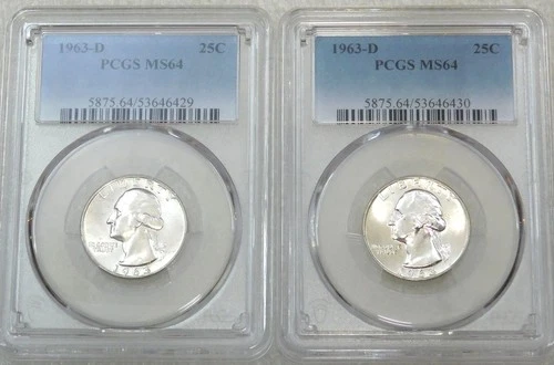 1963 D Washington Silver Quarter PCGS MS64 2 coins Just Graded New Holder #M295P