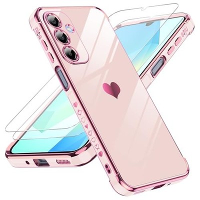 Galaxy A16-5G Case: Tempered Glass + Camera Lens Protection, Love Pink Heart