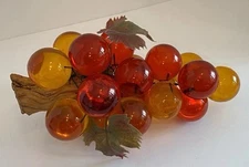 Vintage Lucite Acrylic Large 2" Amber & Orange Grape Cluster on Driftwood  12"