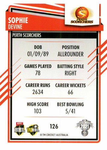2021 2022 PERTH SCORCHERS WBBL Cricket Card SOPHIE DEVINE Traders - Picture 2 of 2
