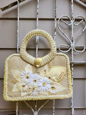 Vtg 60s Raffia Handbag Yellow W/ Flowers  Gemstones Made In Japan