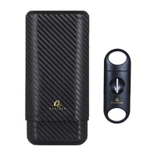 Galiner Carbon Fiber Leather 3 Ct Wooden Cigar Case Travel Humidor Free Cutter