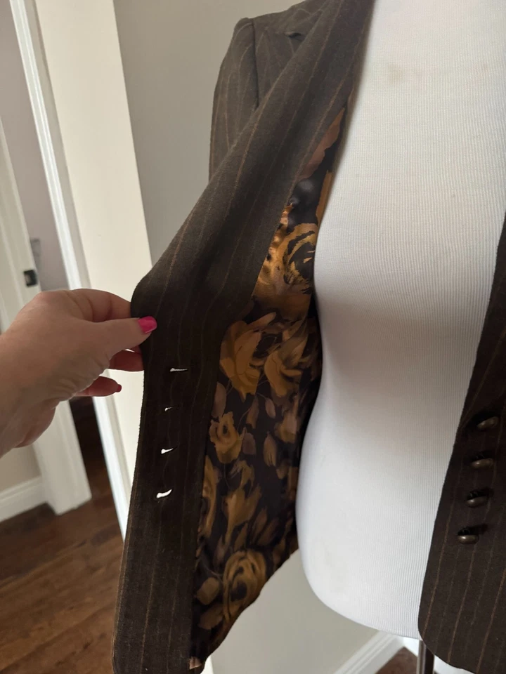 EUC David Meister Chaqueta Blazer a rayas amarillas de mezcla de lana marrón SZ 4 Foto 3 de 4