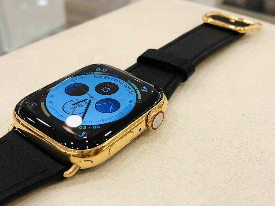 24K Gold Plated 44MM Apple Watch SERIES 5 Stainless Steel Black Leather GPS LTE - Image 3 of 4