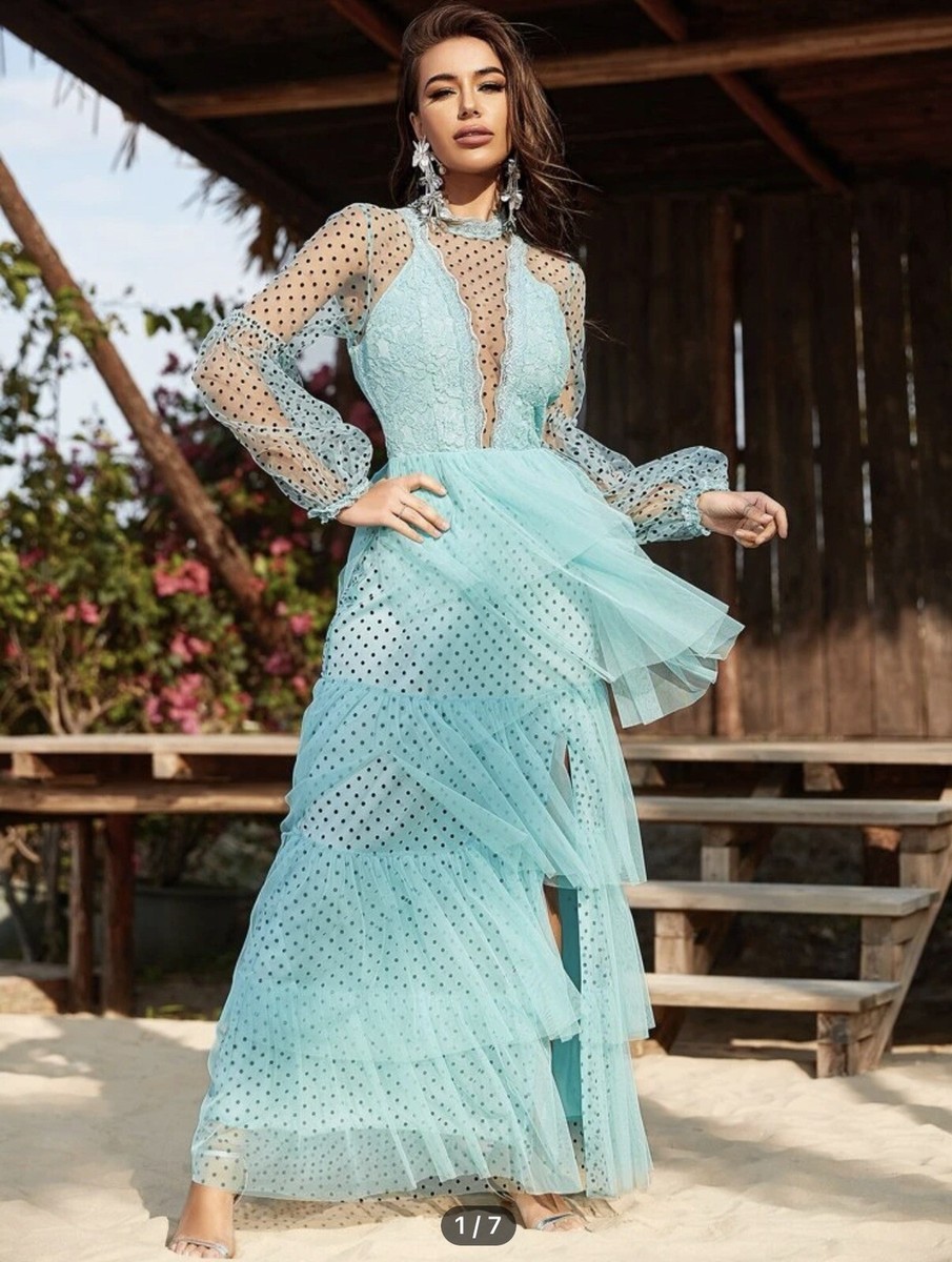 Baby Blue Lace Wedding Photoshoot Formal Maxi Dress size XS/S | eBay