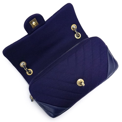 CHANEL V Stitch Chevron WChain Shoulder Bag Cotton Jersey , Navy - Picture 3 of 13
