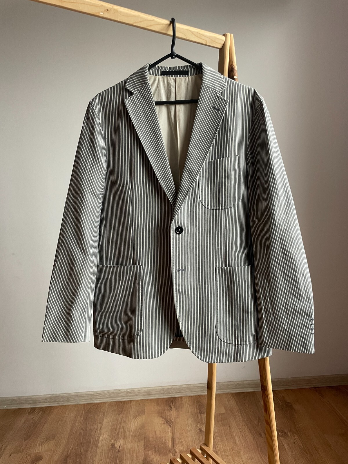 Paoloni Gray Striped Cotton Linen Blazer EUR 50 Half Lined