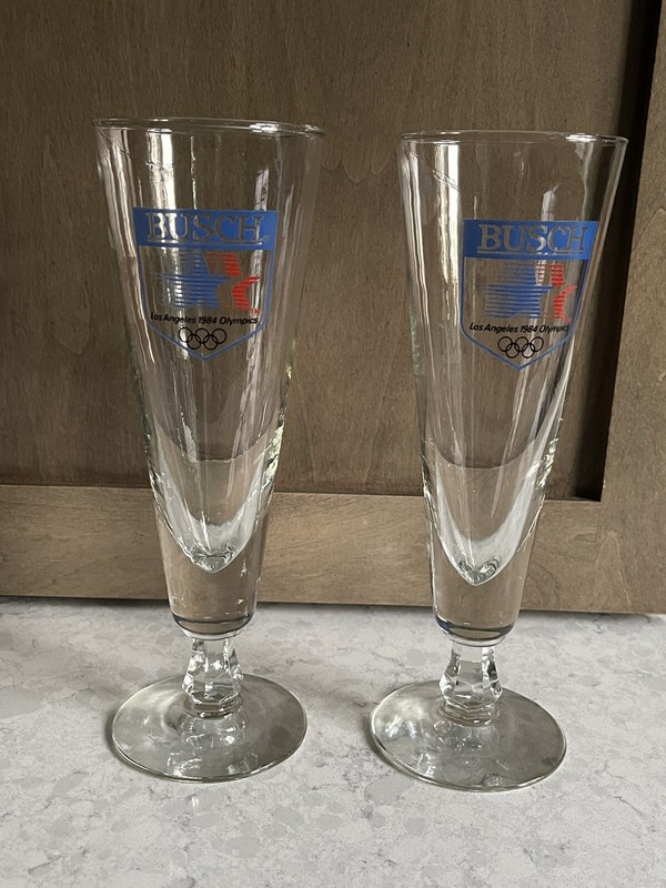 2 Vintage 1984 Los Angeles Olympics Busch Beer Pedestal Glasses VERY RARE