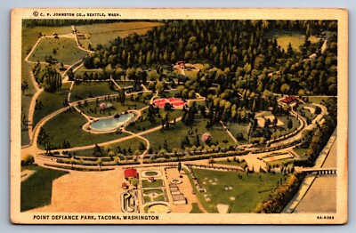 Linen Postcard Tacoma Washington Point Defiance Park Aerial View c1936 Unposted