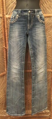 Miss Me Womens Signature Boot Cut Jeans Size 28 Denim Stone Wash Embellished