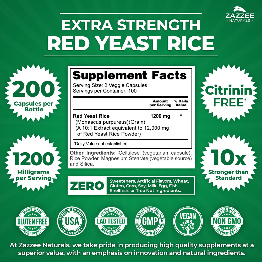 Extra Strength Red Yeast Rice 101 Extract 200 Capsules 1200 mg