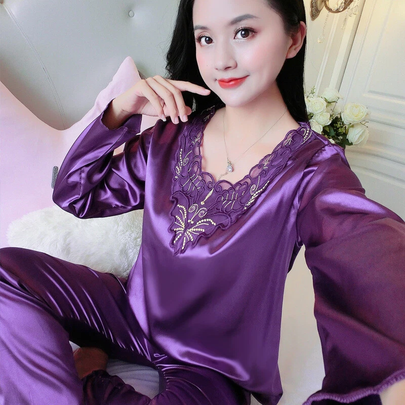 Women s Silk Satin Pajamas Set Long Sleeve V Neck Sleepwear Loungewear Pyjamas