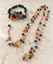 Multi Colored Glass Beaded Necklace Stretch Bracelet Set