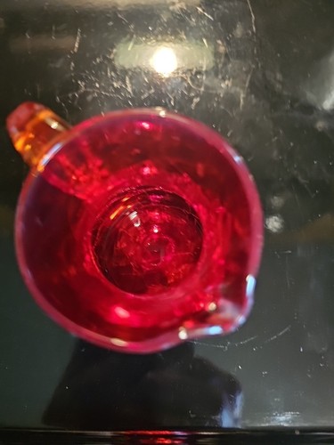 Vintage Red Crackle Glass Small Pitcher Creamer. Yellow Handle. - Picture 6 of 6