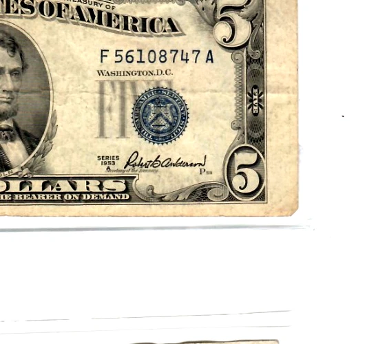$5 (DOWNSHIFT/MISCUT ERROR) "1953" $5 (SEAL DOWNSHIFT/MISCUT ERROR) 1953 RARE!! - Image 2 of 4