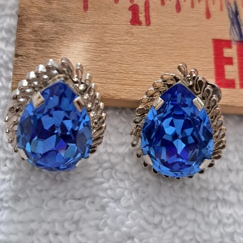 Vintage Blue Clip On Earrings Both Marked Made in Austria.  Costume Jewelry