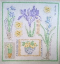 Cross Stitch "SPRING SAMPLER" pattern ~ iris, primroses, flowers