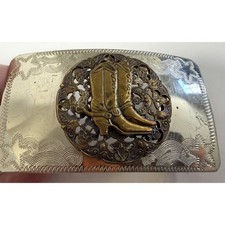 Vintage Cowboy Boots Belt Buckle Western Style Silver Tone Filigree Metal