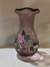 FLORAL HAND PAINTED AMETHYST HEAVY GLASS 8  VASE-FENTON DESIGNED - MADE IN CHINA