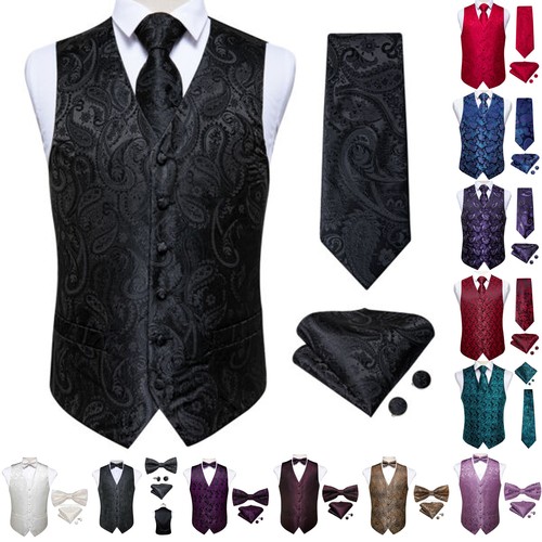 Men's Tuxedo Vest & Bowtie/Necktie Set, Classic Formal Waistcoat Paisley Floral - Picture 3 of 224