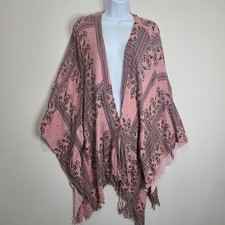 Gimmicks BKE Womens Md Oversized Pink Floral Kimono Cardigan Fringe Hem Boho
