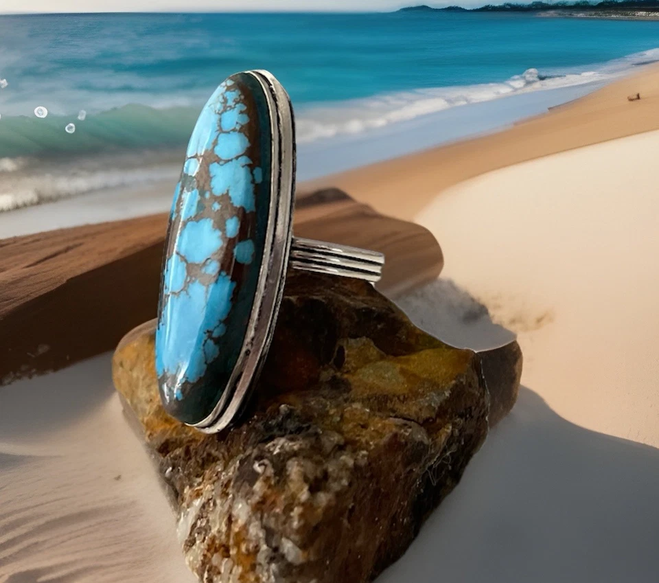 Anillo de piedras preciosas artesanales turquesa talla 11 - enchapado en plata 925 - nuevo Foto 3 de 4