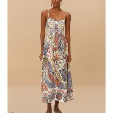 FARM RIO Off-White Boho Glam Loopy Trim Maxi Dress Medium Ruffles 