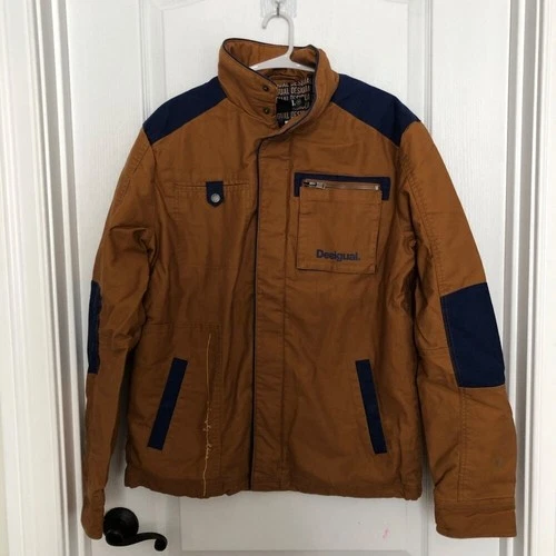 Desigual Mens Cotton Canvas Field Jacket Brown Navy Blue Logo Print Lining Small - product listing photo