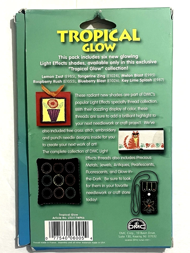 DMC LIGHT EFFECTS TROPICAL GLOW FLOSS- (6) SIX STRAND SKEINS 8.7 YARDS + DESIGNS - Image 3 of 3