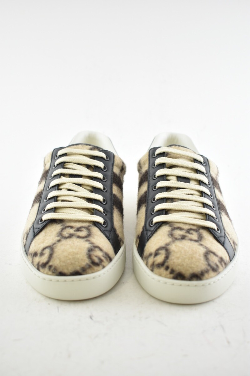 Gucci Mens New Ace Wool Brown Beige Black GG Logo Low Top Flat