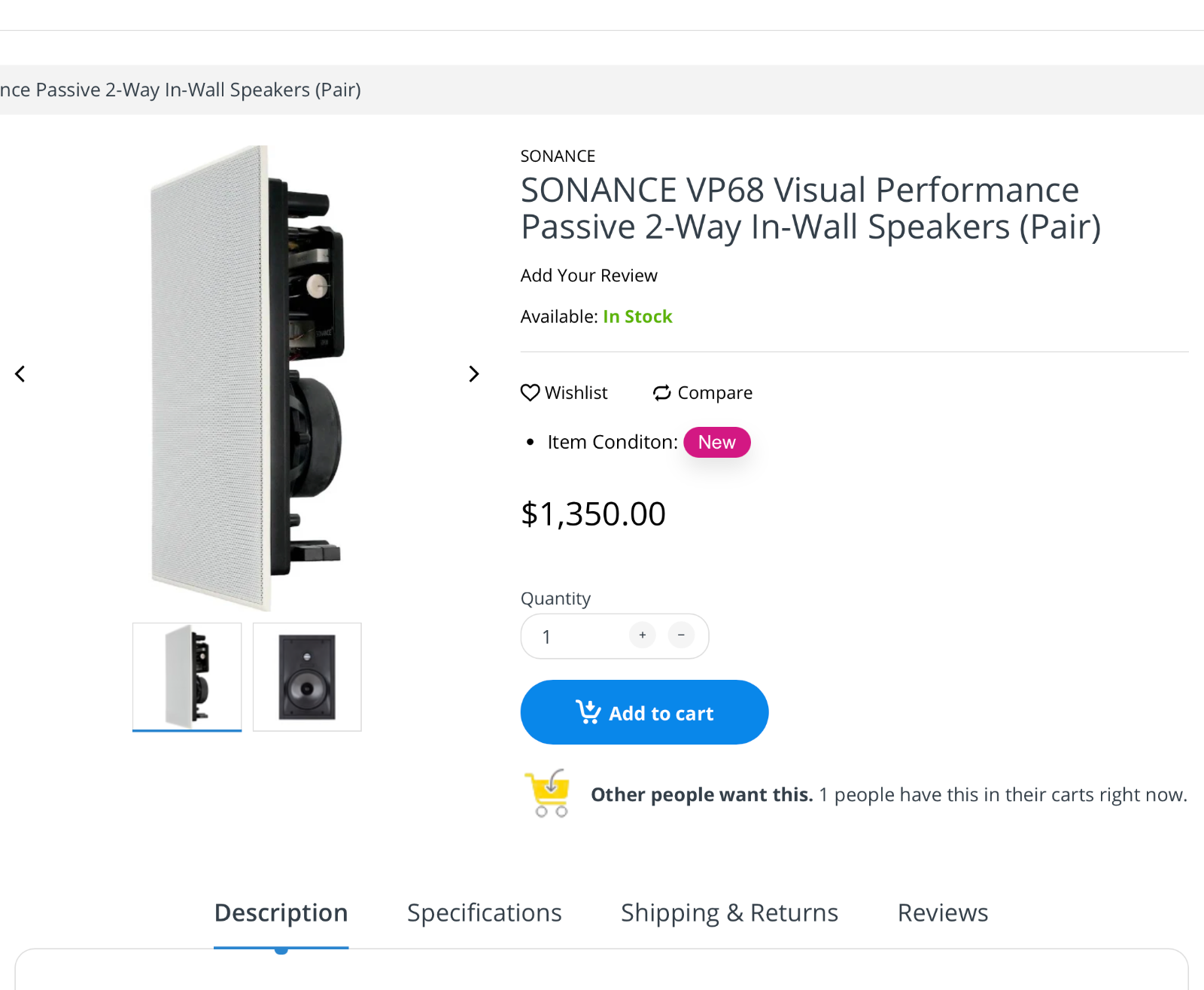 sonance vp68 in wall house speakers white, 2 pairs