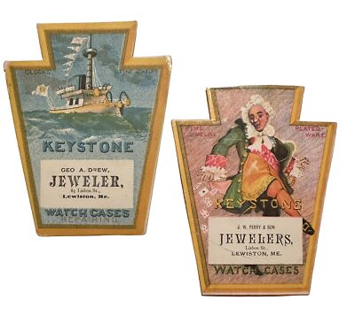 2 VICTORIAN JEWELERS TRADE CARDS KEYSTONE WATCH CASES DREW PERRY LEWISTON ME B48