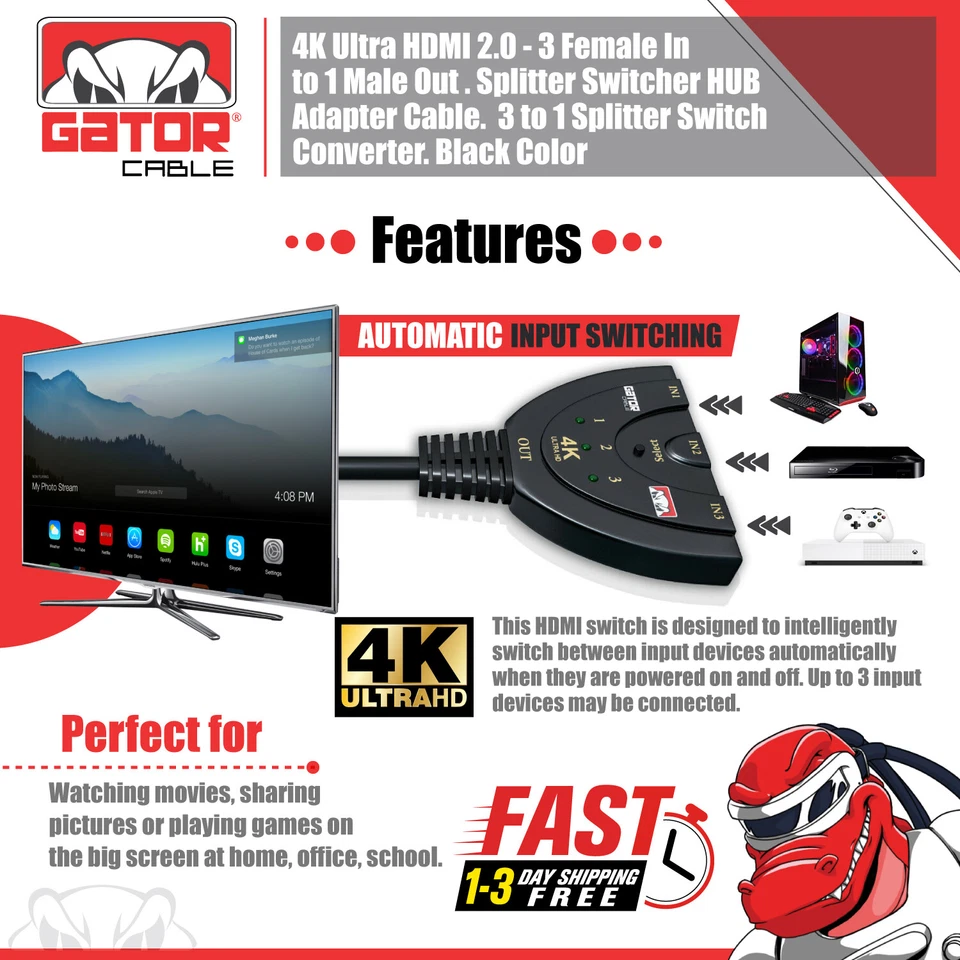 Adaptador divisor interruptor automático cable HDMI 2.0 4K dispositivos de 3 entradas a 1 salida Foto 2 de 4