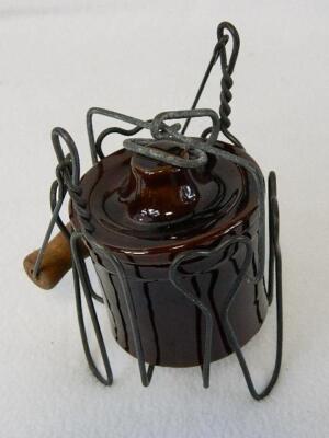 Vintage Bacon Grease Stone Crock with Snap-Down Lid & Wooden Handle Wire Carrier