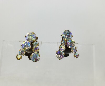 Vintage Austria Iridescent Rhinestone Clip-on Earrings V-Shaped