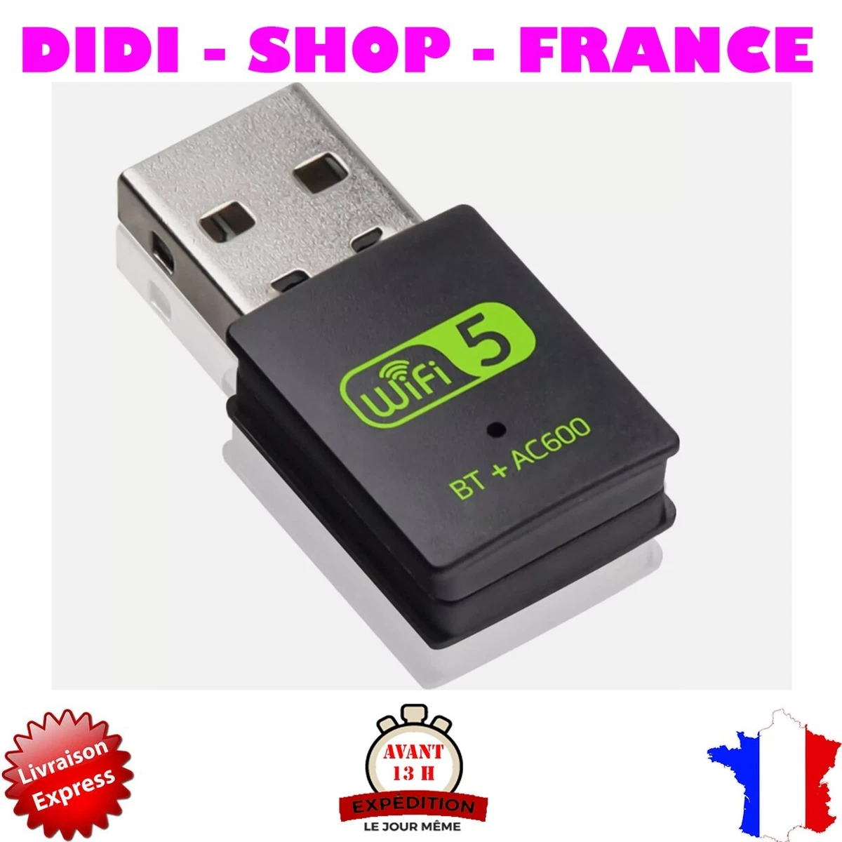 Adaptateur WiFi + Bluetooth USB 600Mbps 2.4/5GHz Pour PC Windows 7/8/10/11