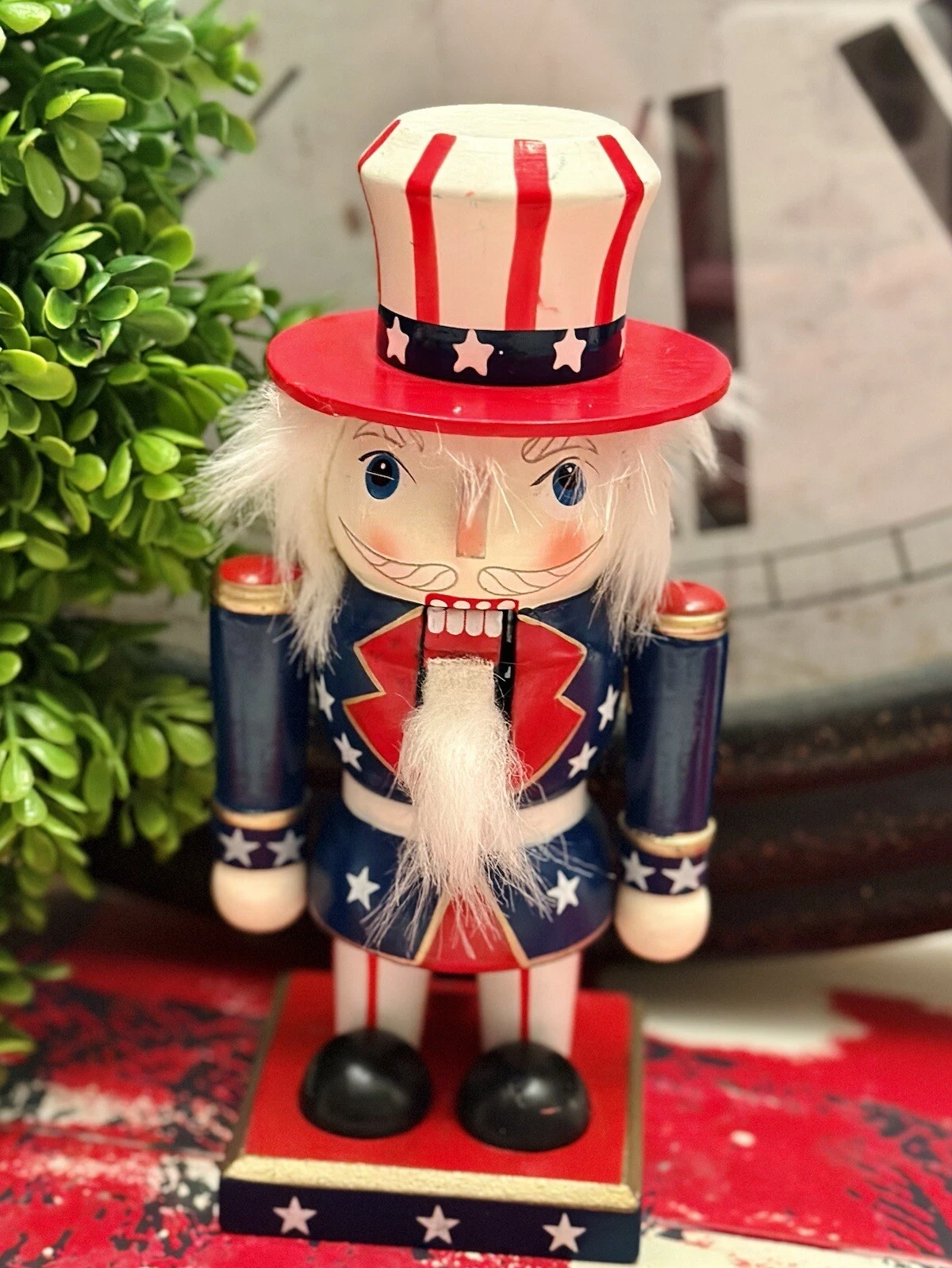 VTG Holiday Lane America/Patriotic Uncle Sam Wooden Nutcracker 7" Red/White/Blue
