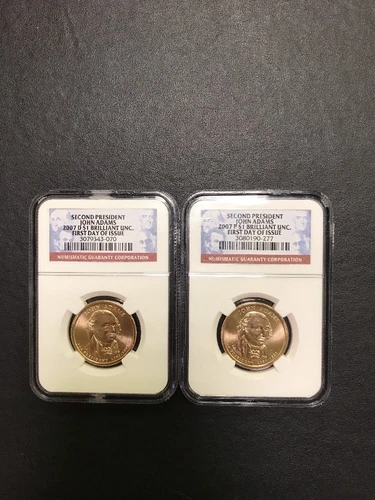 2007 P D John Adams Presidential Dollar Two Coin Set NGC BU First Day of Issue