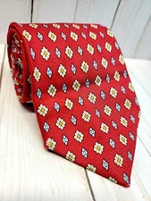 Brooks Brothers Basics Mens Necktie Pure Silk Red Blue Diamond Flower Design USA