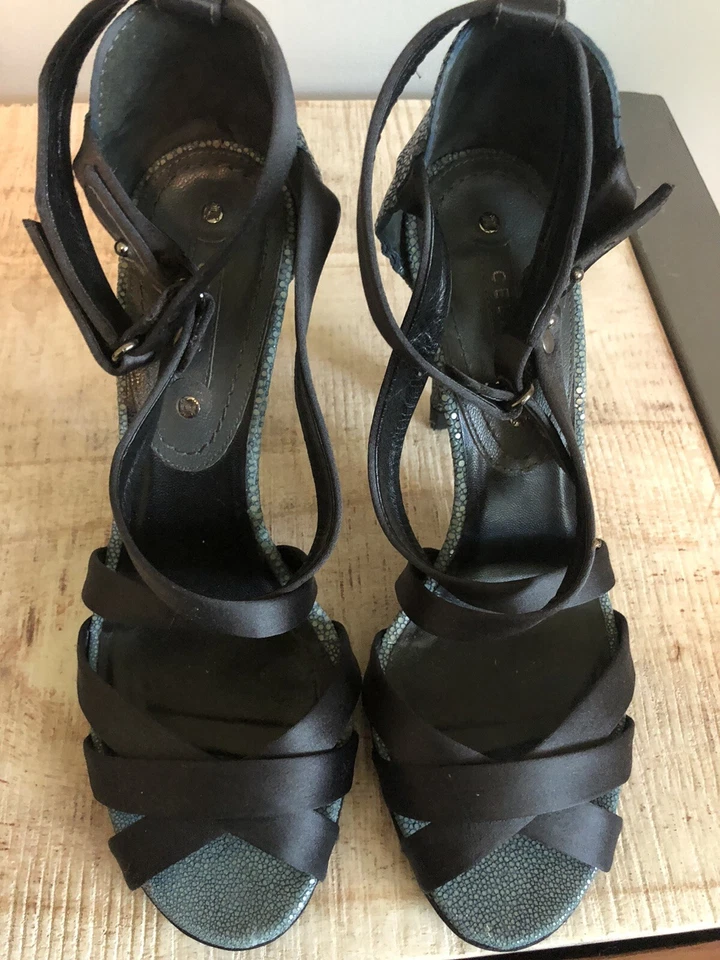 CELINE Pebbled Blue Leather and black silk Strappy Sandals sz 38 US 8 - Image 4 of 4