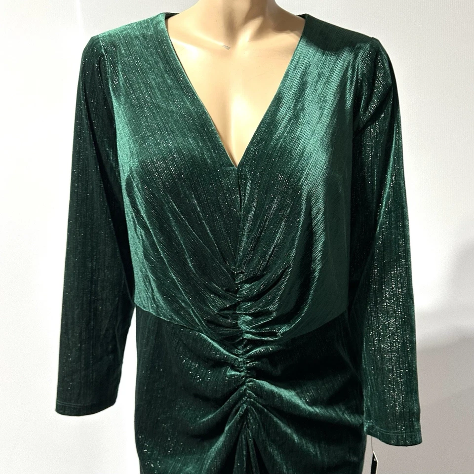Maggy London Green Velvet Midi Dress Size 16 W Metallic Sparkle Ruched Front NWT - Image 2 of 4