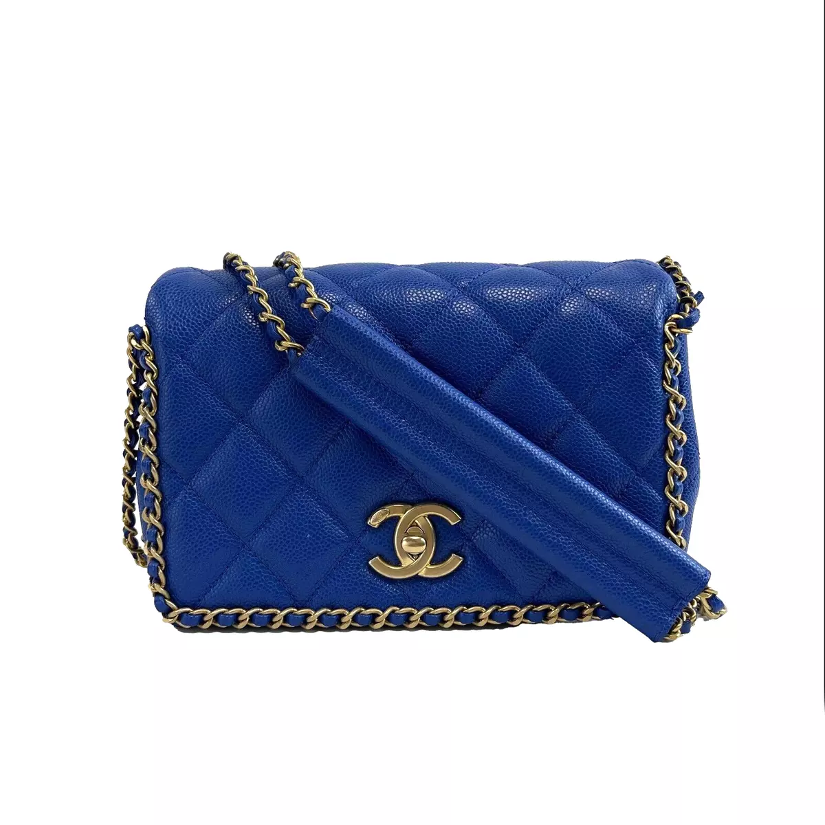 Chanel Light Blue Shiny Quilted Calfskin Mini 22 For Sale at 1stDibs