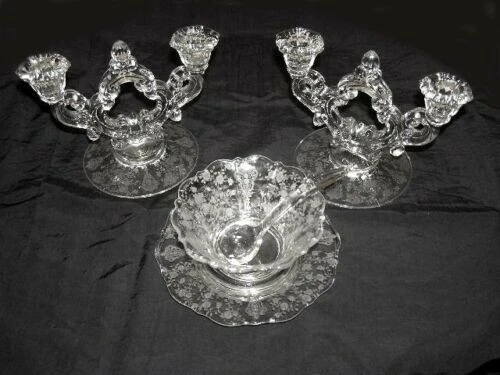 * Rare Cambridge Rose Point-2 Candelabras + 3 Pcs. Preserve set-Bowl,Plate,Spoon - Image 2 of 2
