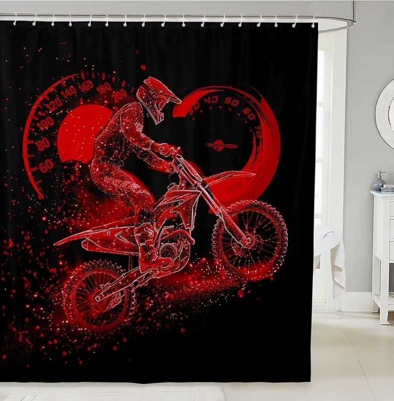 NEW Motocross Shower Curtain, Dirt Bike Rider, Racing Themed w/ 12 Hooks 72X84