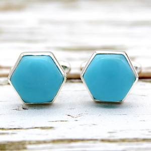 Authentic Lab Grown Turquoise 925 Sterling Silver, White Gold Plated Beautiful Cufflinks